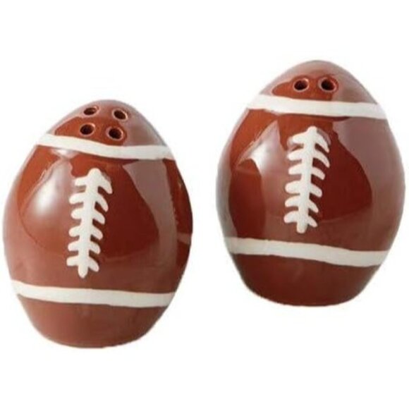 Football Shape Salt & Pepper Shakers Ceramic Brown & White - Picture 1 of 1